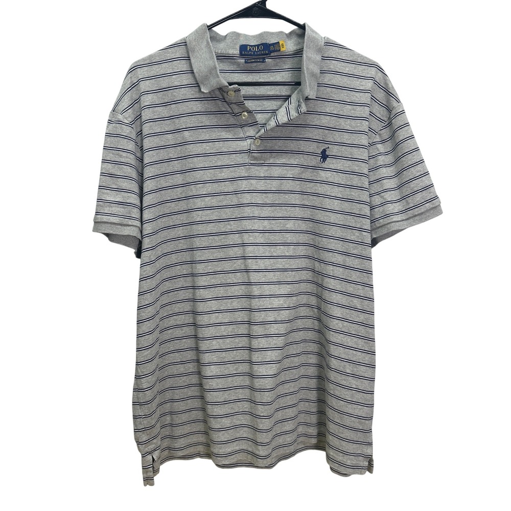 Polo Ralph Lauren Mens XXL Custom Slim Fit Striped Polo Shirt Grey Navy Blue